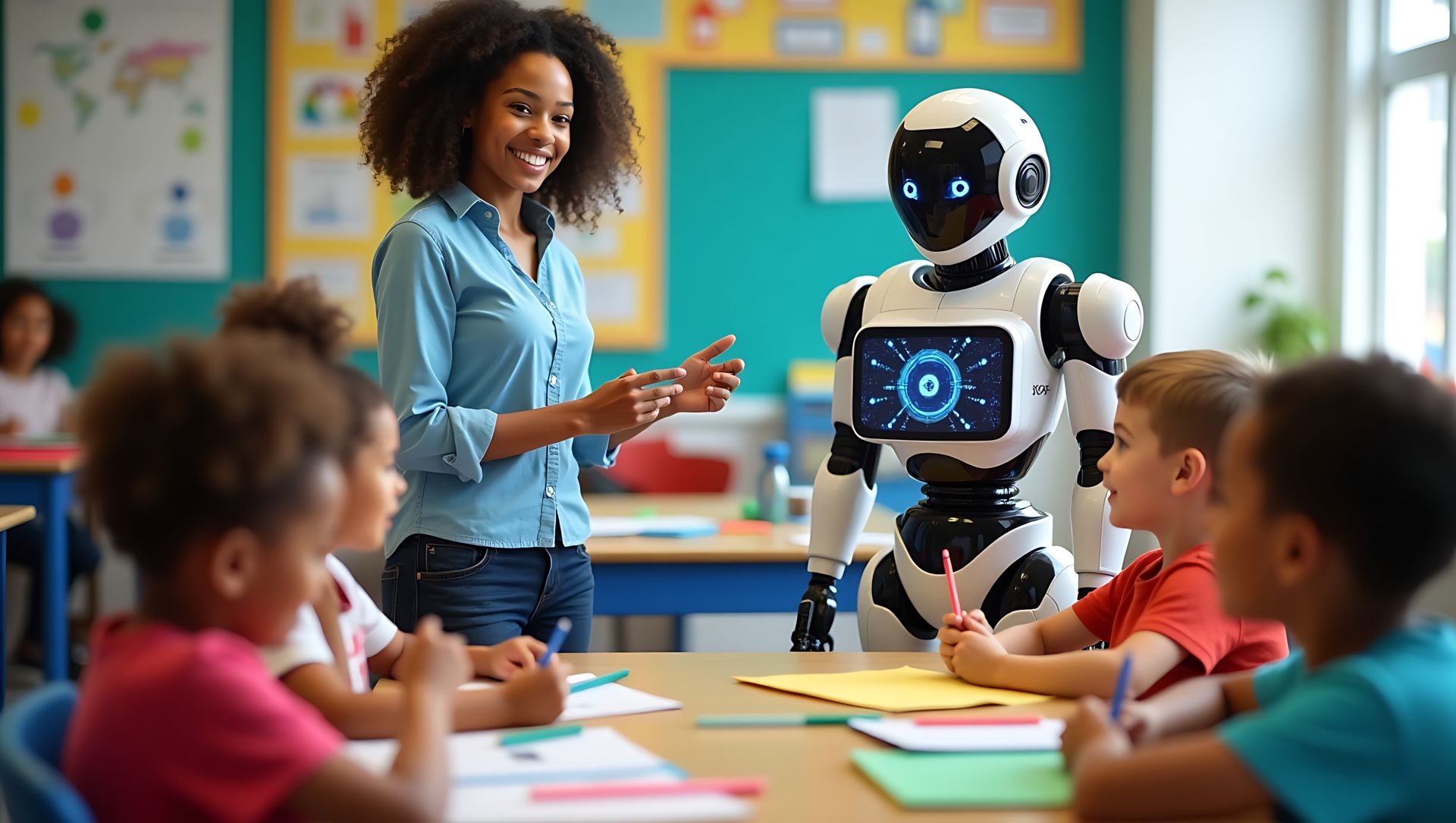 A teacher and a friendly robot helping children in a coding class
